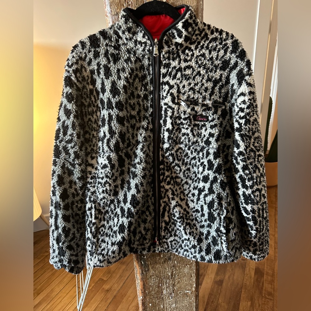 Unisex leopard print shearling/nylon *reversible* jacket. Size large